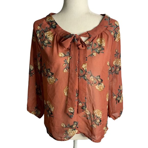 Milk & Honey Boho Floral Blouse M Dark Pink Tie Neck Sheer Balloon Sleeves - Picture 1 of 7